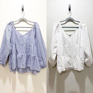Old Navy BUNDLE (2) Crinkle Texture Peasant Blouses - Gingham Blue & White XXL